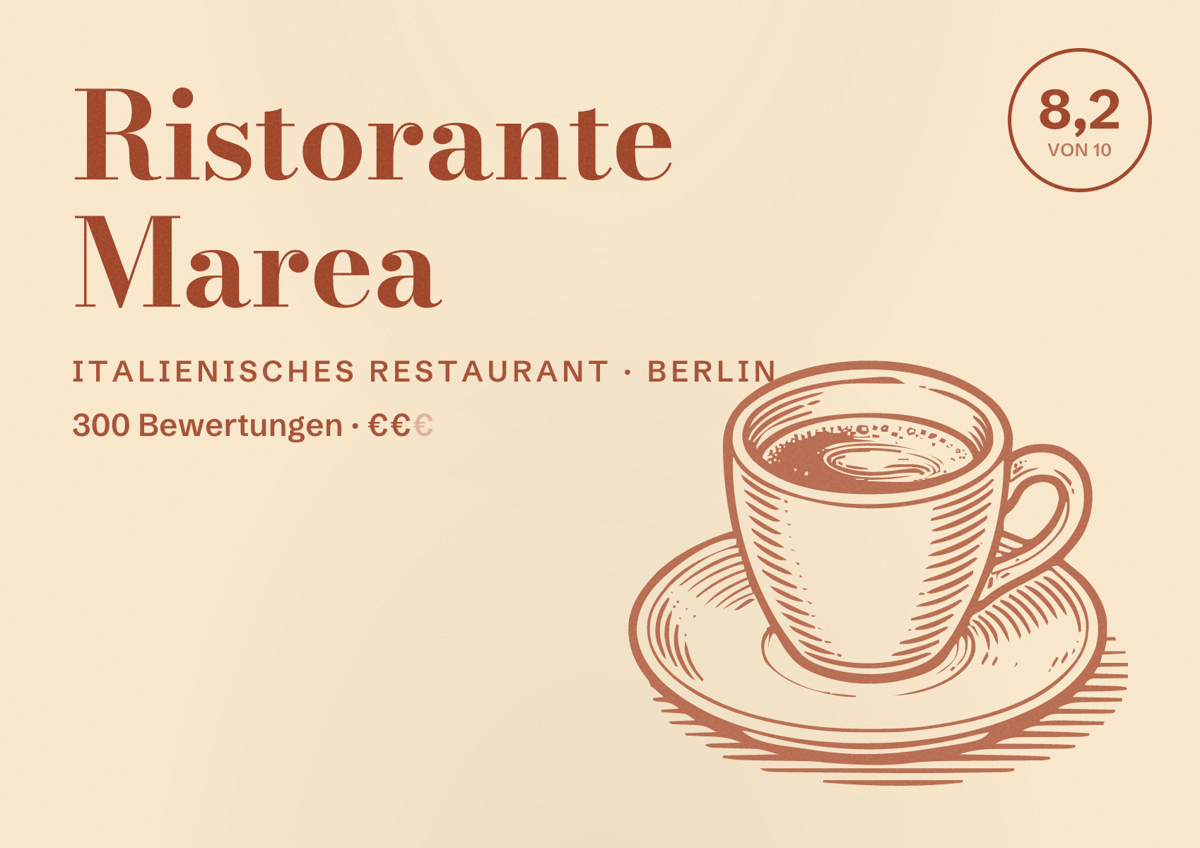 Illustriertes Poster von Ristorante Marea, Italienisches Restaurant in Berlin: Bewertung 8,2 von 10 aus 300 Bewertungen, Preisniveau €€
