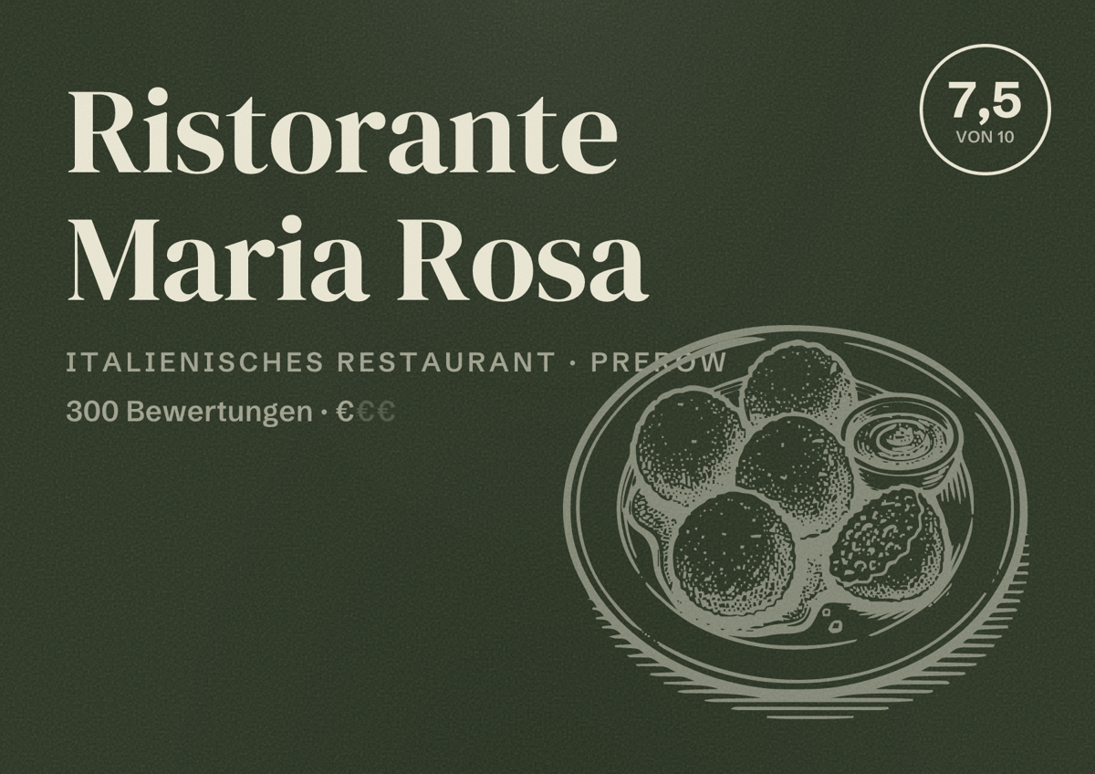 Illustriertes Poster von Ristorante Maria Rosa, Italienisches Restaurant in Prerow: Bewertung 7,5 von 10 aus 300 Bewertungen, Preisniveau €