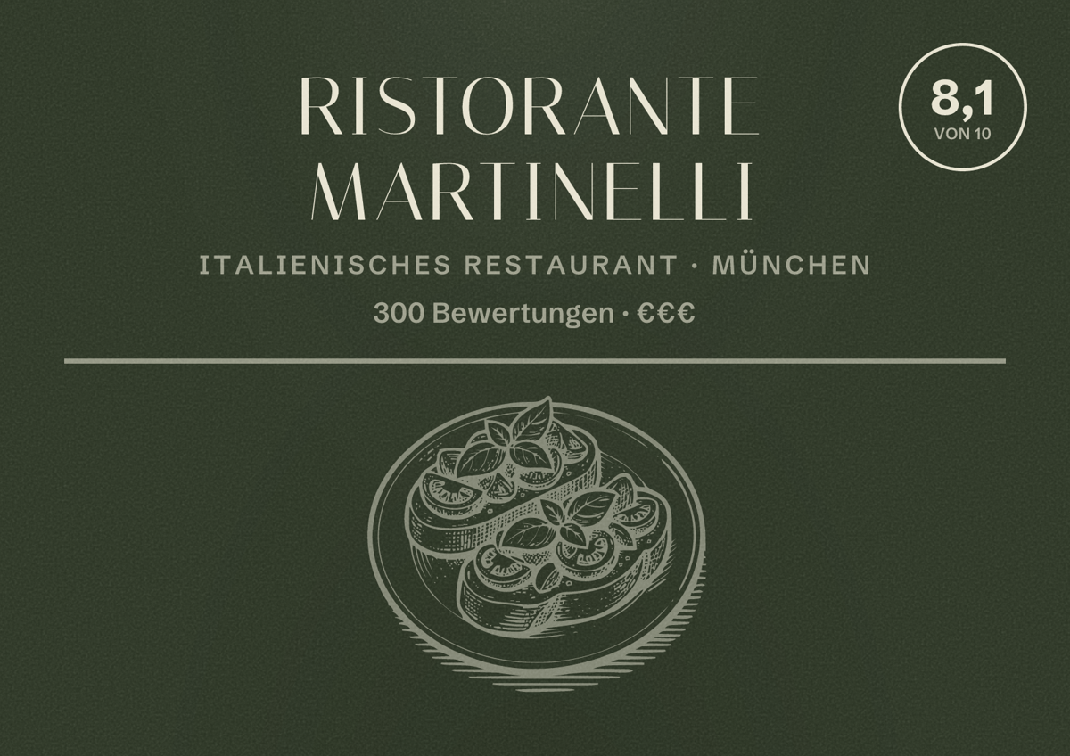 Illustriertes Poster von Ristorante MARTINELLI, Italienisches Restaurant in München: Bewertung 8,1 von 10 aus 300 Bewertungen, Preisniveau €€€