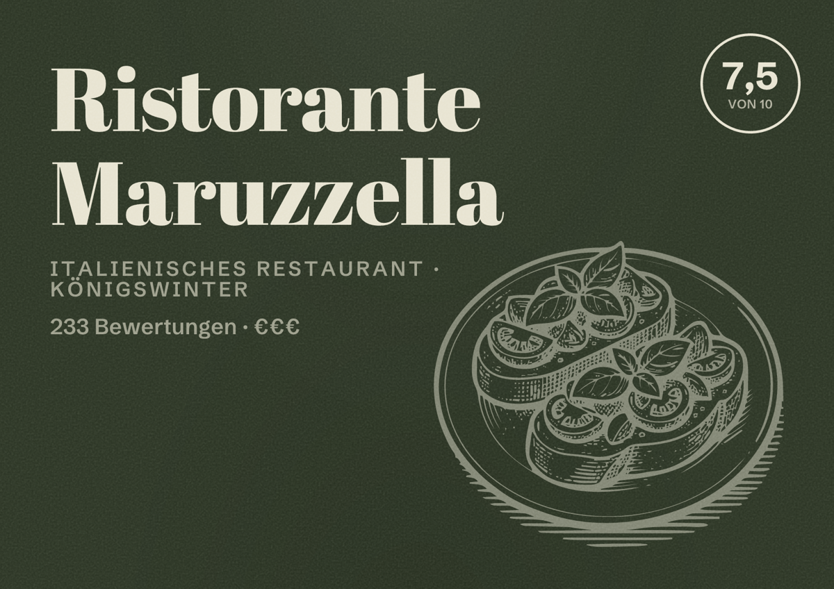Illustriertes Poster von Ristorante Maruzzella, Italienisches Restaurant in Königswinter: Bewertung 7,5 von 10 aus 233 Bewertungen, Preisniveau €€€