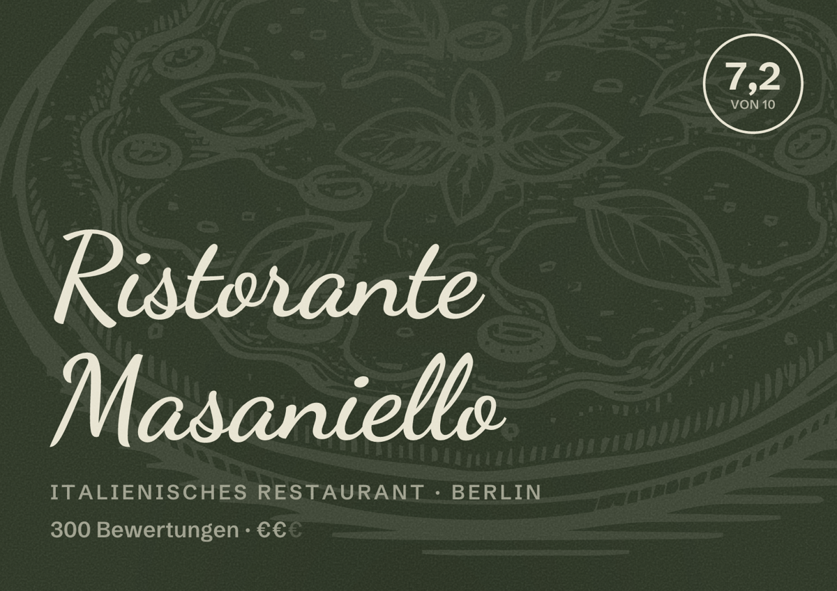 Illustriertes Poster von Ristorante Masaniello, Italienisches Restaurant in Berlin: Bewertung 7,2 von 10 aus 300 Bewertungen, Preisniveau €€