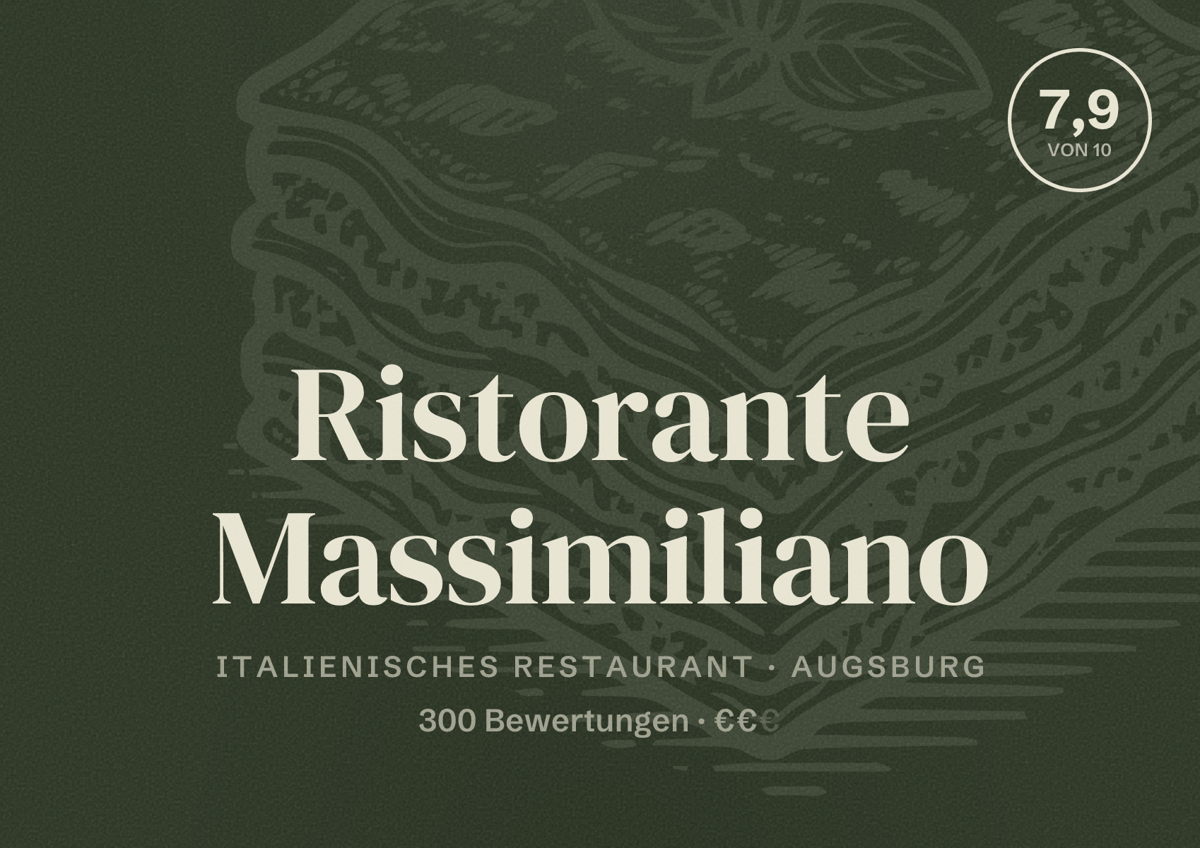 Illustriertes Poster von Ristorante Massimiliano, Italienisches Restaurant in Augsburg: Bewertung 7,9 von 10 aus 300 Bewertungen, Preisniveau €€
