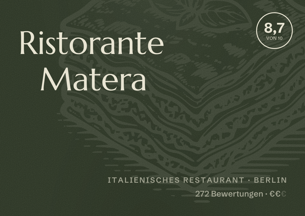 Illustriertes Poster von Ristorante Matera, Italienisches Restaurant in Berlin: Bewertung 8,7 von 10 aus 272 Bewertungen, Preisniveau €€