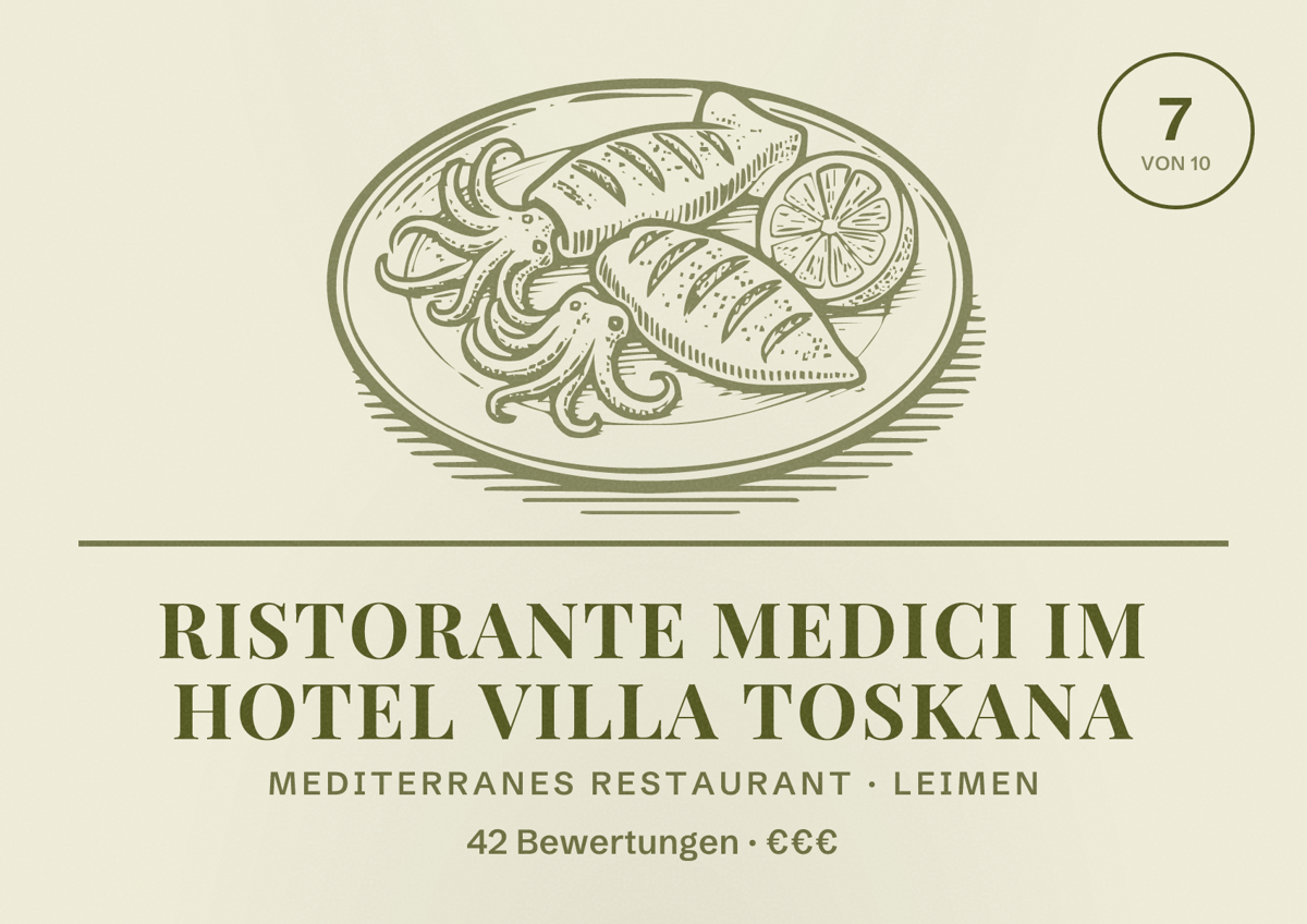 Illustriertes Poster von Ristorante Medici im Hotel Villa Toskana, Mediterranes Restaurant in Leimen: Bewertung 7 von 10 aus 42 Bewertungen, Preisniveau €€€