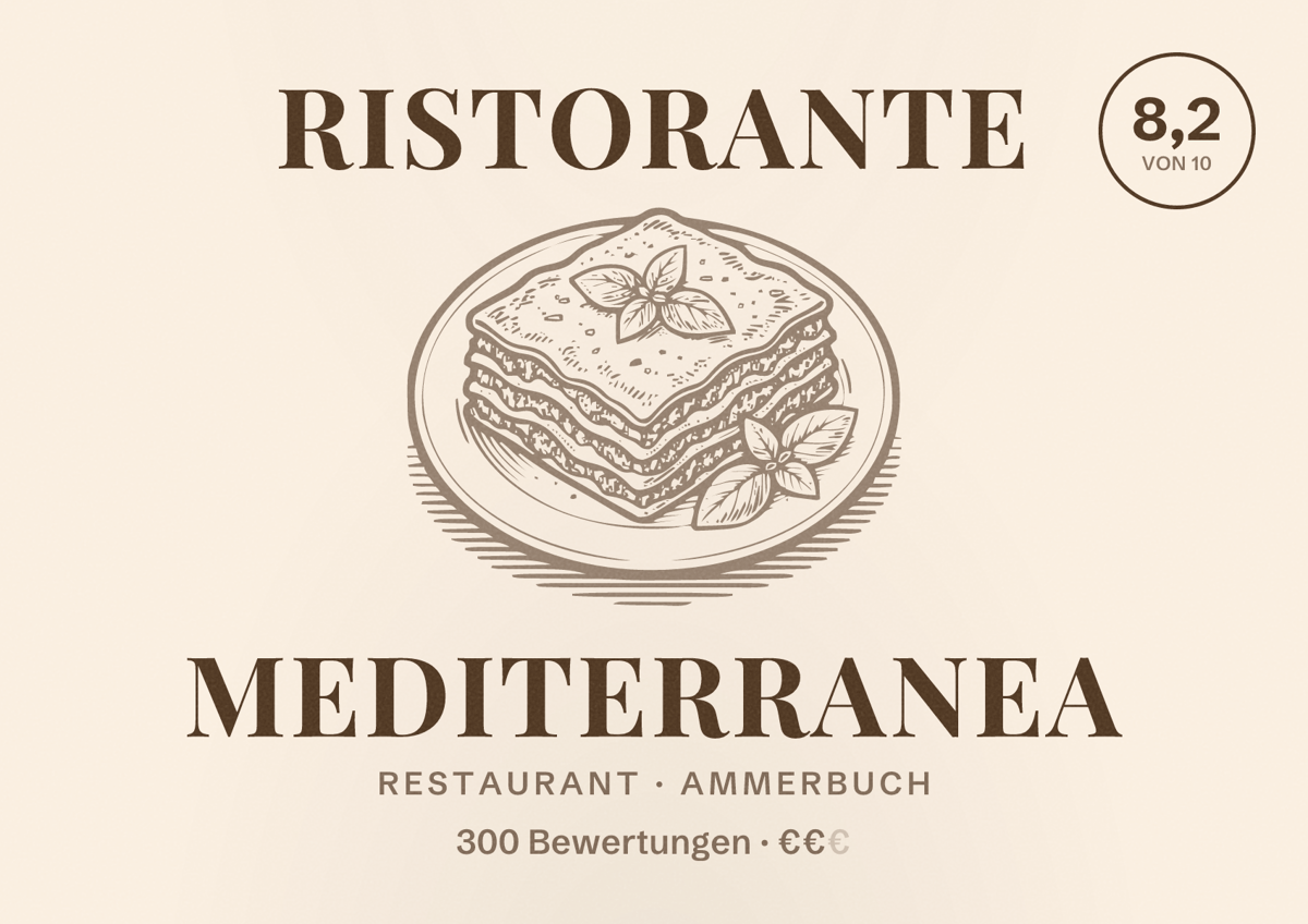 Illustriertes Poster von Ristorante Mediterranea, Restaurant in Ammerbuch: Bewertung 8,2 von 10 aus 300 Bewertungen, Preisniveau €€