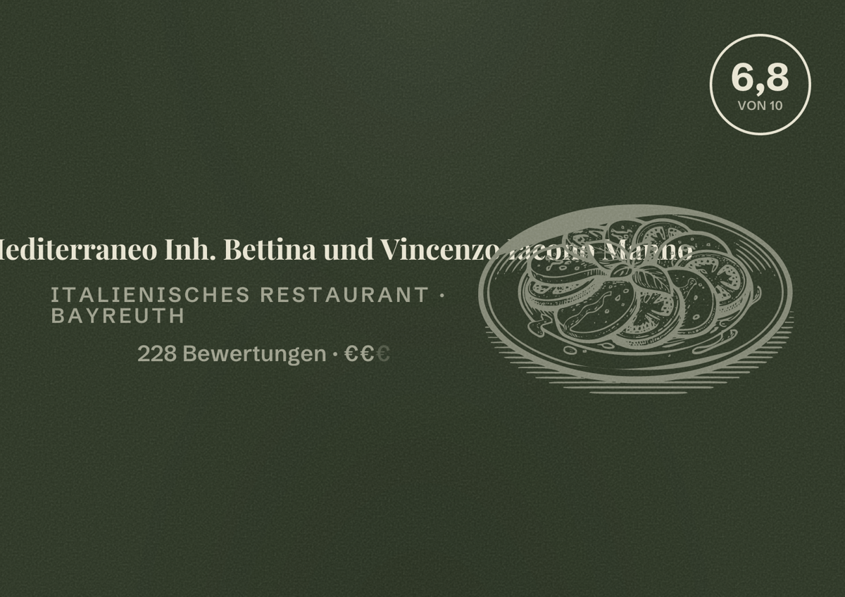 Illustriertes Poster von Ristorante Mediterraneo Inh. Bettina und Vincenzo Iacono Manno, Italienisches Restaurant in Bayreuth: Bewertung 6,8 von 10 aus 228 Bewertungen, Preisniveau €€