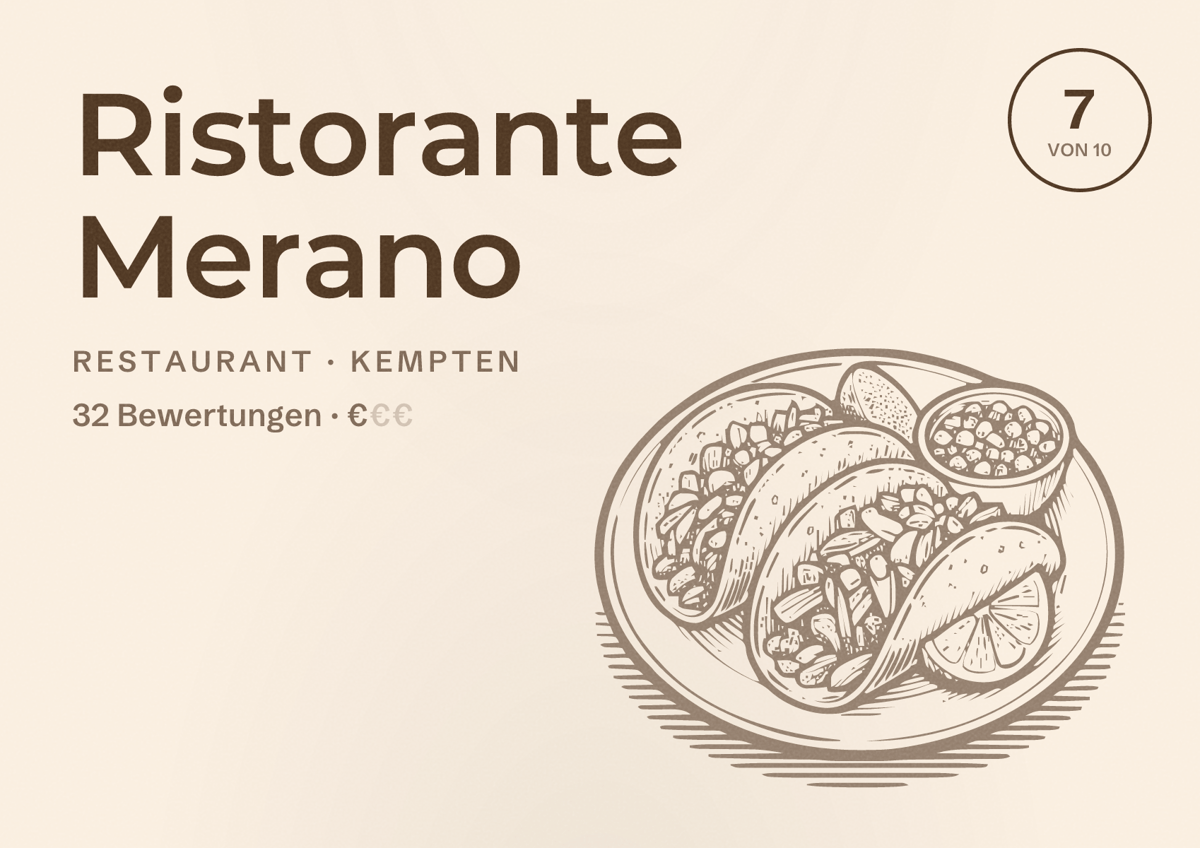 Illustriertes Poster von Ristorante Merano, Restaurant in Kempten: Bewertung 7 von 10 aus 32 Bewertungen, Preisniveau €