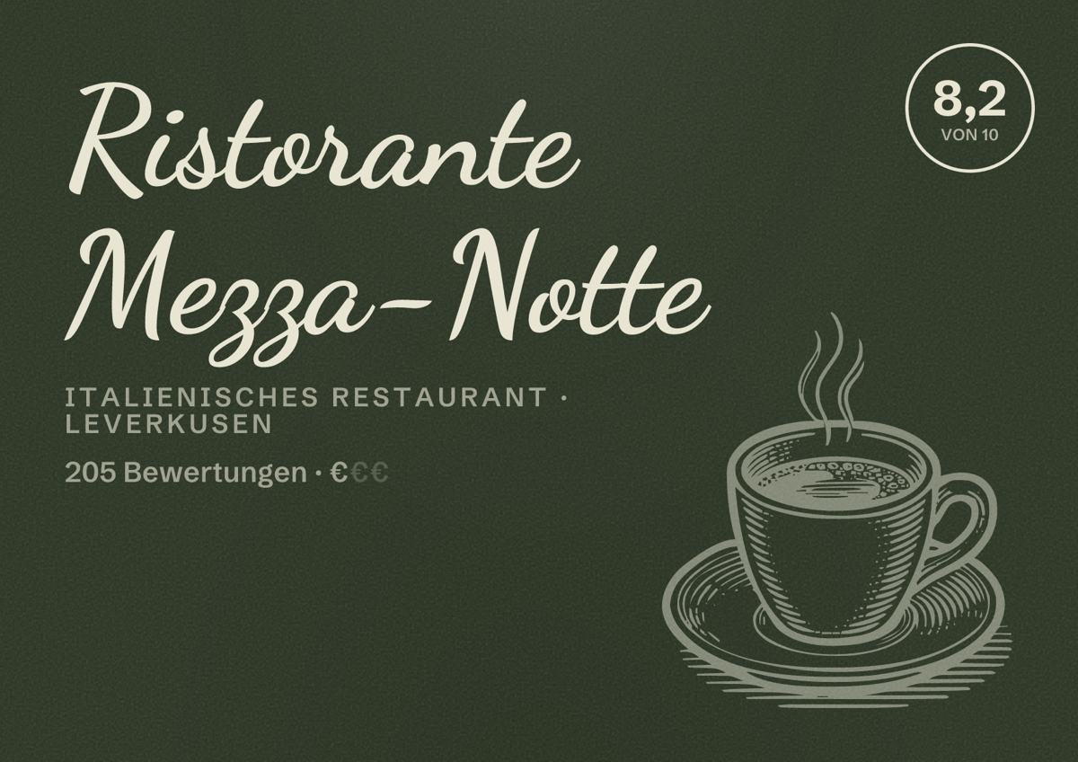 Illustriertes Poster von Ristorante Mezza-Notte, Italienisches Restaurant in Leverkusen: Bewertung 8,2 von 10 aus 205 Bewertungen, Preisniveau €