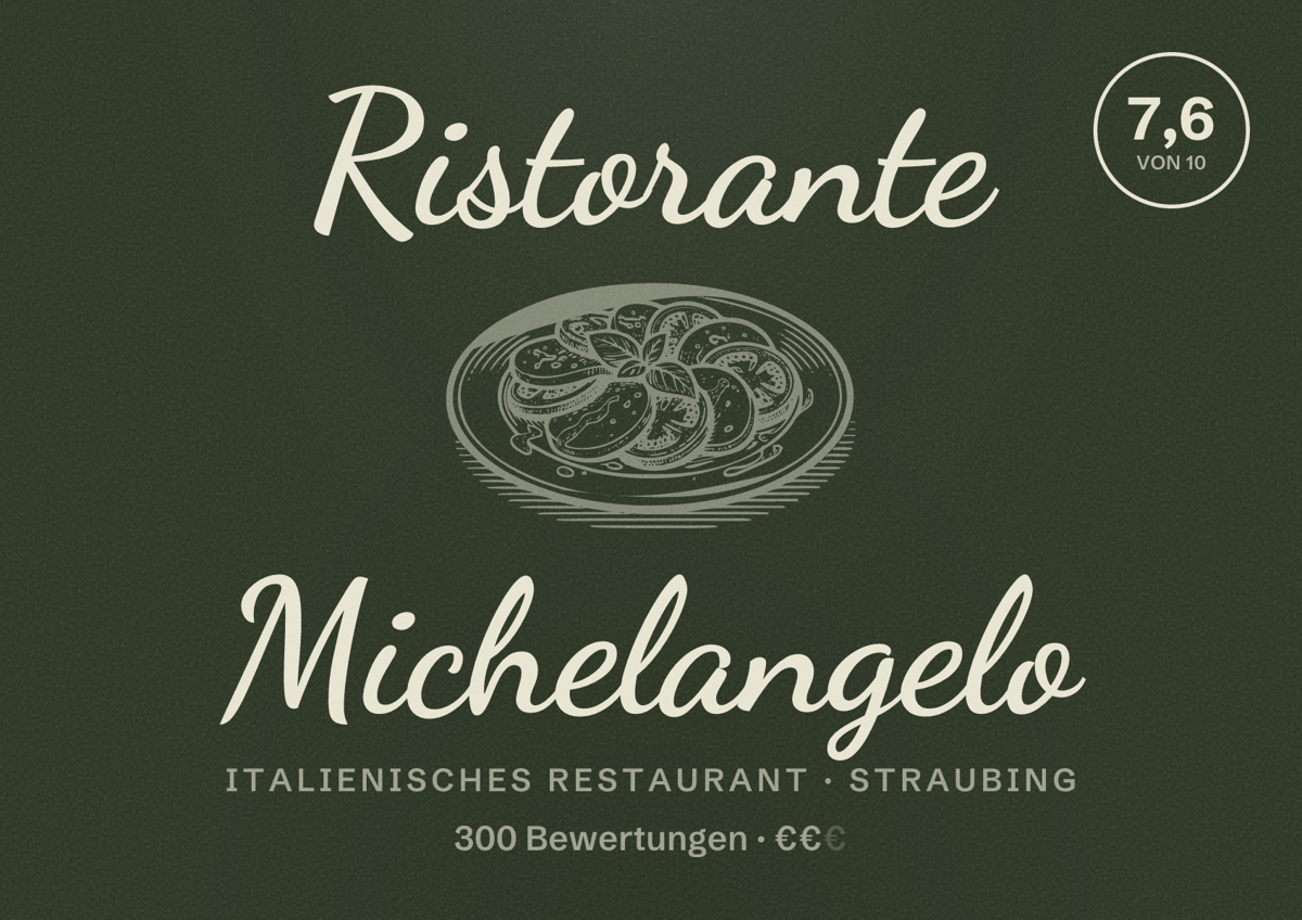 Illustriertes Poster von Ristorante Michelangelo, Italienisches Restaurant in Straubing: Bewertung 7,6 von 10 aus 300 Bewertungen, Preisniveau €€