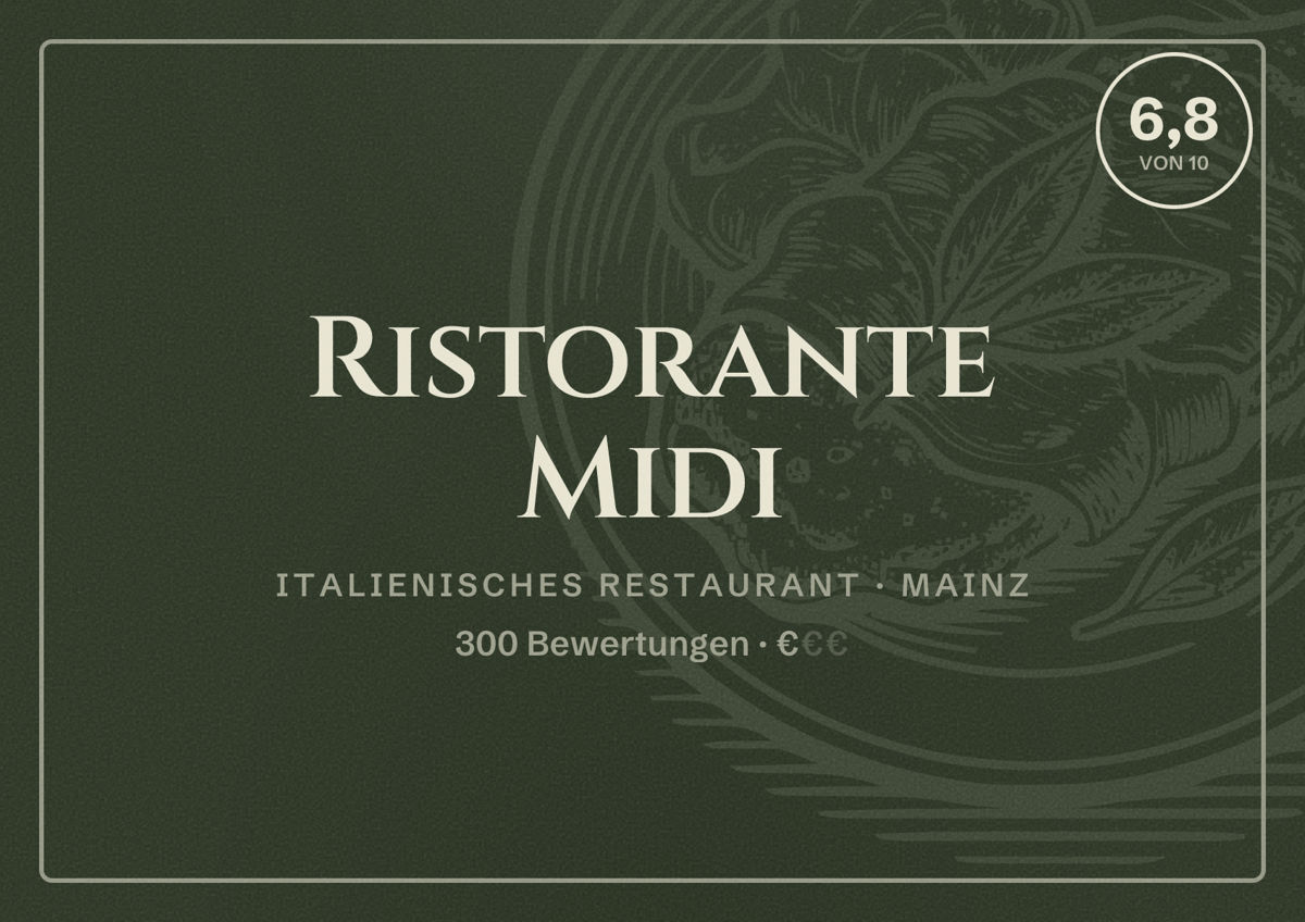 Illustriertes Poster von Ristorante Midi, Italienisches Restaurant in Mainz: Bewertung 6,8 von 10 aus 300 Bewertungen, Preisniveau €