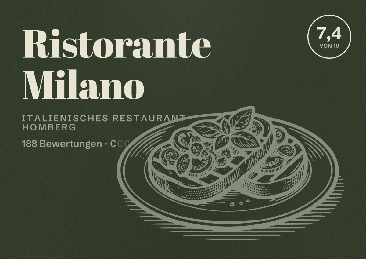 Illustriertes Poster von Ristorante Milano, Italienisches Restaurant in Homberg: Bewertung 7,4 von 10 aus 188 Bewertungen, Preisniveau €