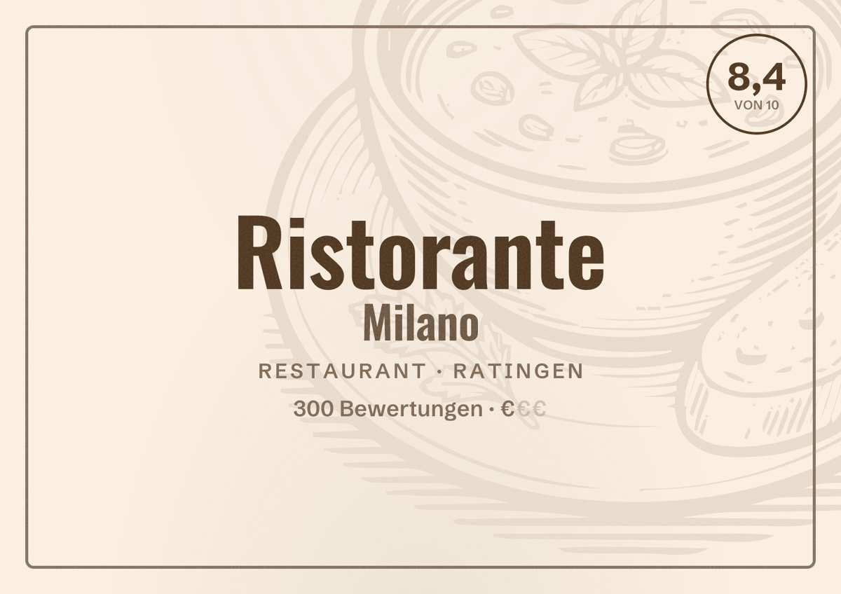Illustriertes Poster von Ristorante Milano, Restaurant in Ratingen: Bewertung 8,4 von 10 aus 300 Bewertungen, Preisniveau €