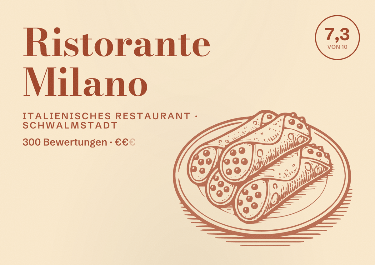 Illustriertes Poster von Ristorante Milano, Italienisches Restaurant in Schwalmstadt: Bewertung 7,3 von 10 aus 300 Bewertungen, Preisniveau €€