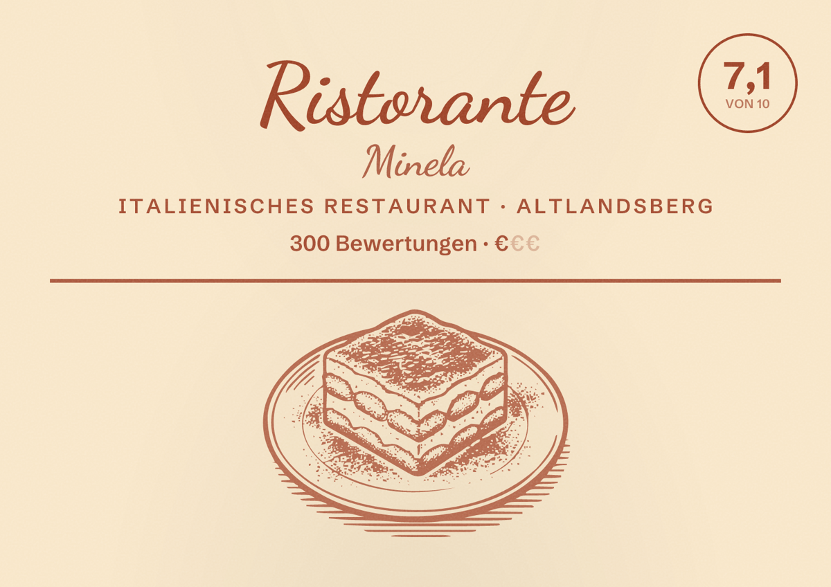 Illustriertes Poster von Ristorante Minela, Italienisches Restaurant in Altlandsberg: Bewertung 7,1 von 10 aus 300 Bewertungen, Preisniveau €