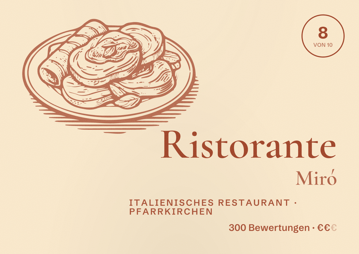 Illustriertes Poster von Ristorante Miró, Italienisches Restaurant in Pfarrkirchen: Bewertung 8 von 10 aus 300 Bewertungen, Preisniveau €€