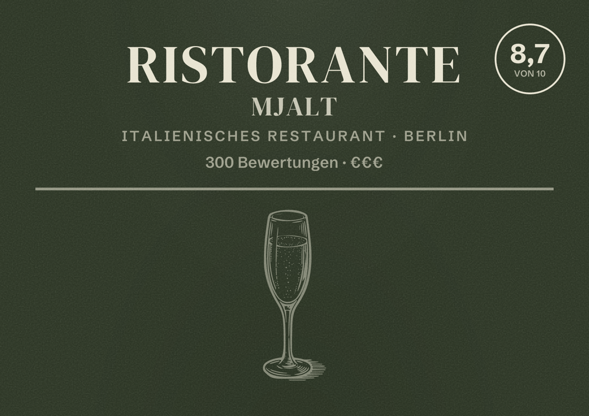 Illustriertes Poster von Ristorante Mjalt, Italienisches Restaurant in Berlin: Bewertung 8,7 von 10 aus 300 Bewertungen, Preisniveau €€€