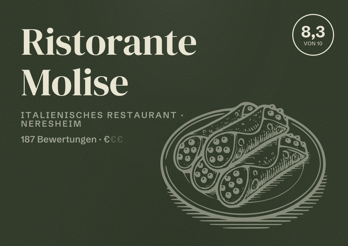 Illustriertes Poster von Ristorante Molise, Italienisches Restaurant in Neresheim: Bewertung 8,3 von 10 aus 187 Bewertungen, Preisniveau €