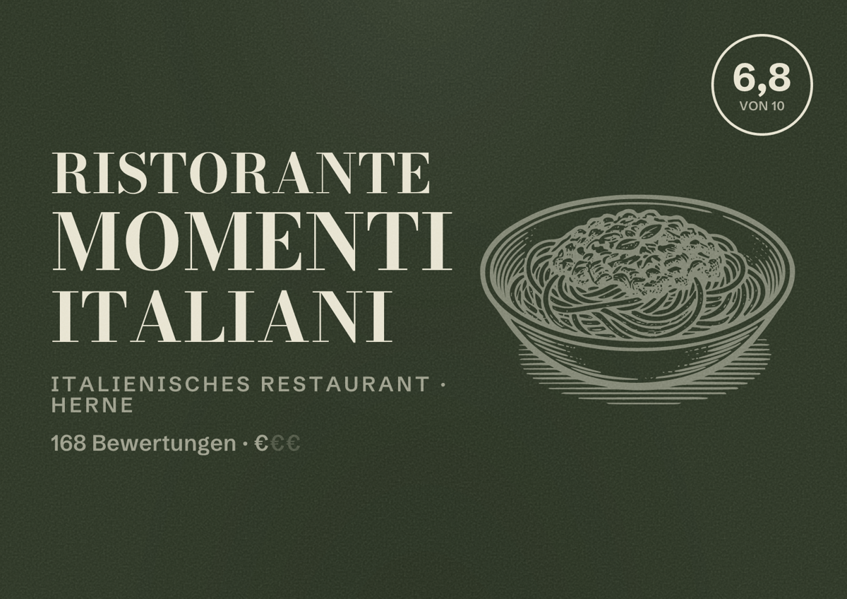 Illustriertes Poster von Ristorante Momenti Italiani, Italienisches Restaurant in Herne: Bewertung 6,8 von 10 aus 168 Bewertungen, Preisniveau €
