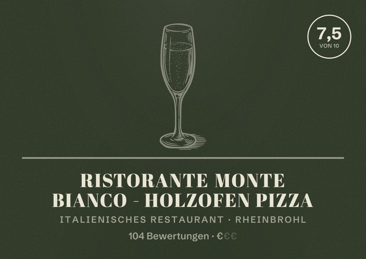 Illustriertes Poster von Ristorante Monte Bianco - HOLZOFEN Pizza, Italienisches Restaurant in Rheinbrohl: Bewertung 7,5 von 10 aus 104 Bewertungen, Preisniveau €