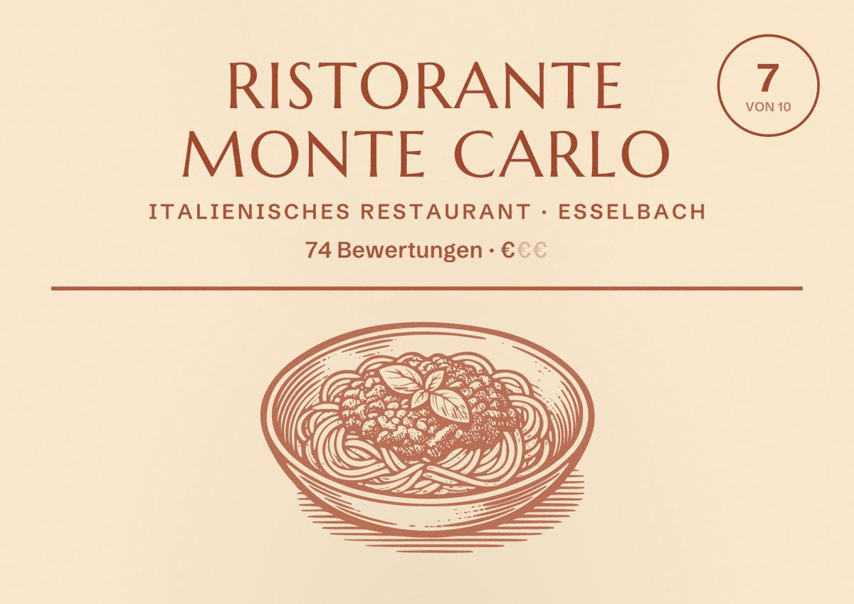 Illustriertes Poster von Ristorante Monte Carlo, Italienisches Restaurant in Esselbach: Bewertung 7 von 10 aus 74 Bewertungen, Preisniveau €