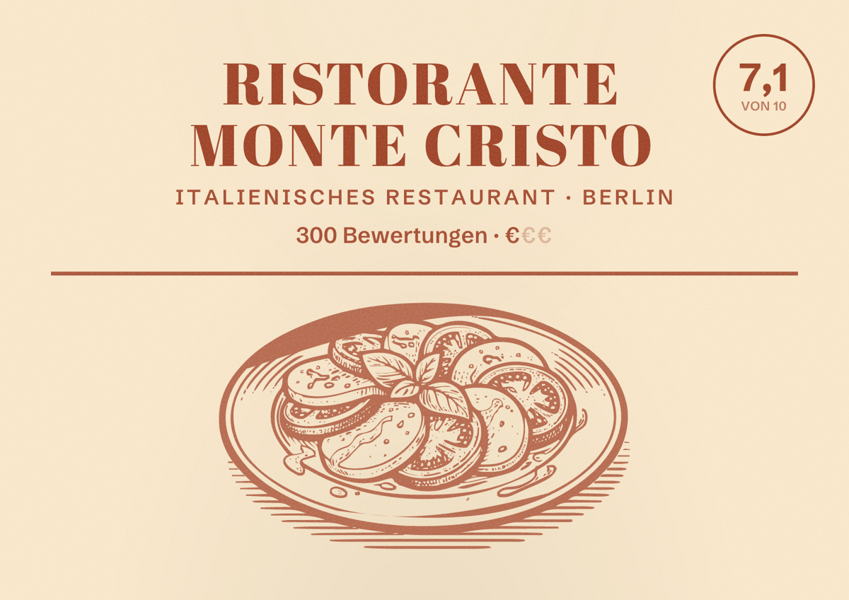Illustriertes Poster von Ristorante Monte Cristo, Italienisches Restaurant in Berlin: Bewertung 7,1 von 10 aus 300 Bewertungen, Preisniveau €