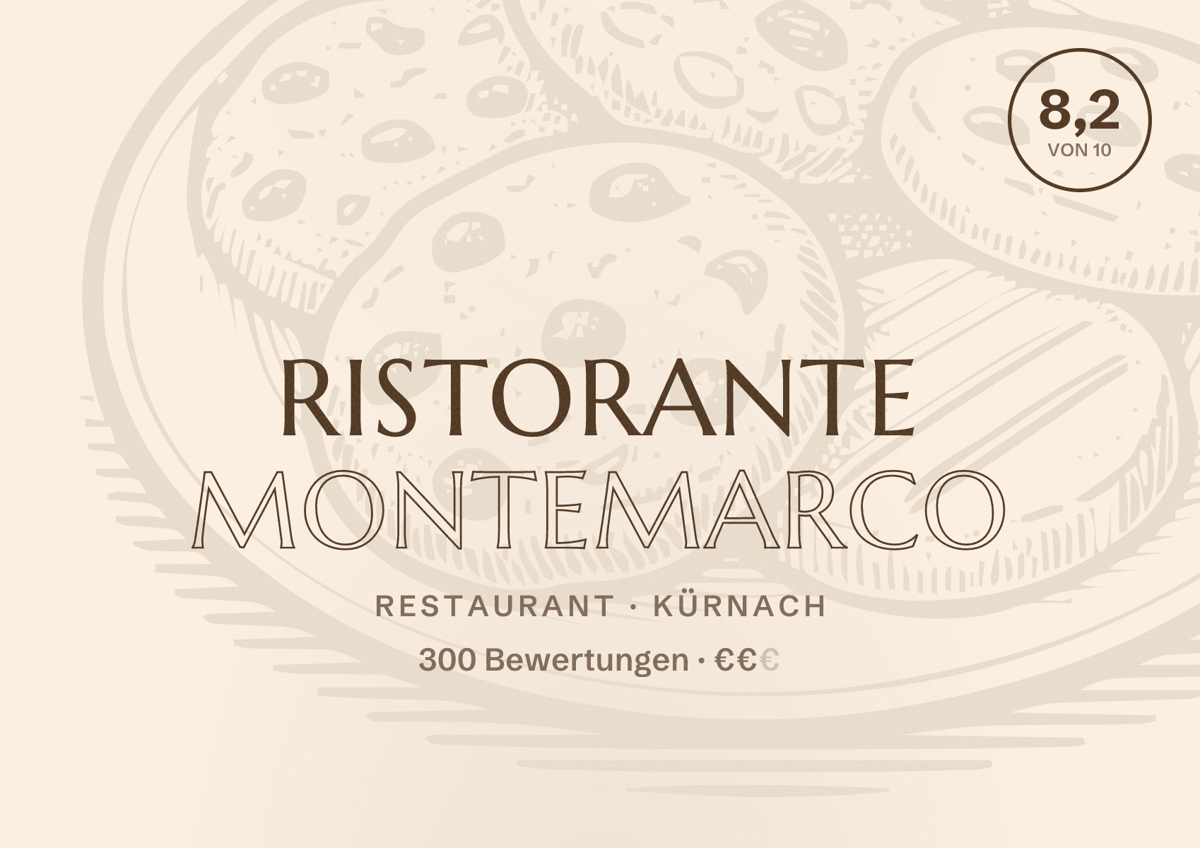 Illustriertes Poster von Ristorante Montemarco, Restaurant in Kürnach: Bewertung 8,2 von 10 aus 300 Bewertungen, Preisniveau €€
