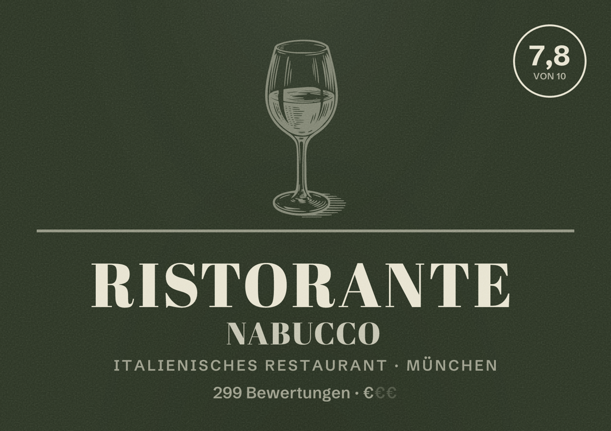 Illustriertes Poster von Ristorante Nabucco, Italienisches Restaurant in München: Bewertung 7,8 von 10 aus 299 Bewertungen, Preisniveau €