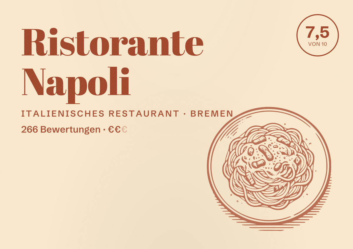 Illustriertes Poster von Ristorante Napoli, Italienisches Restaurant in Bremen: Bewertung 7,5 von 10 aus 266 Bewertungen, Preisniveau €€