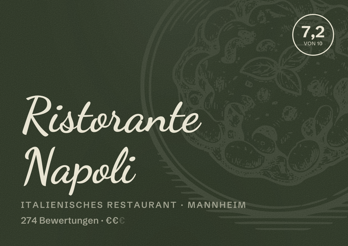 Illustriertes Poster von Ristorante Napoli, Italienisches Restaurant in Mannheim: Bewertung 7,2 von 10 aus 274 Bewertungen, Preisniveau €€