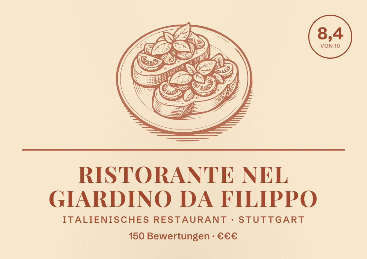 Illustriertes Poster von Ristorante Nel Giardino da Filippo, Italienisches Restaurant in Stuttgart: Bewertung 8,4 von 10 aus 150 Bewertungen, Preisniveau €€€