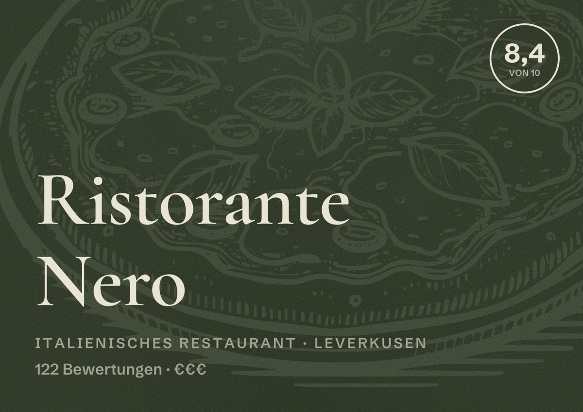 Illustriertes Poster von Ristorante Nero, Italienisches Restaurant in Leverkusen: Bewertung 8,4 von 10 aus 122 Bewertungen, Preisniveau €€€