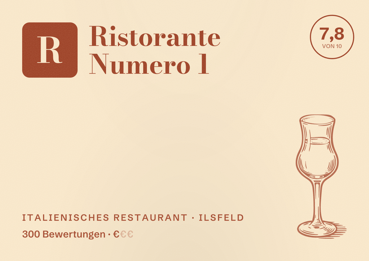 Illustriertes Poster von Ristorante Numero 1, Italienisches Restaurant in Ilsfeld: Bewertung 7,8 von 10 aus 300 Bewertungen, Preisniveau €