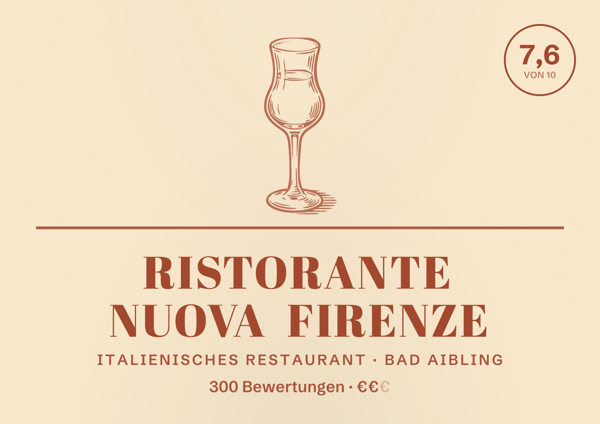 Illustriertes Poster von Ristorante Nuova Firenze, Italienisches Restaurant in Bad Aibling: Bewertung 7,6 von 10 aus 300 Bewertungen, Preisniveau €€