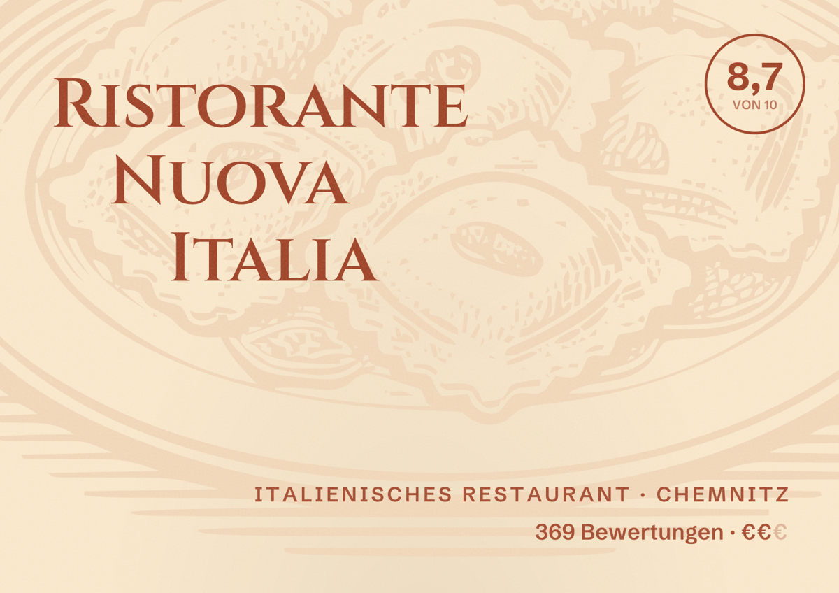 Illustriertes Poster von Ristorante Nuova Italia, Italienisches Restaurant in Chemnitz: Bewertung 8,7 von 10 aus 369 Bewertungen, Preisniveau €€