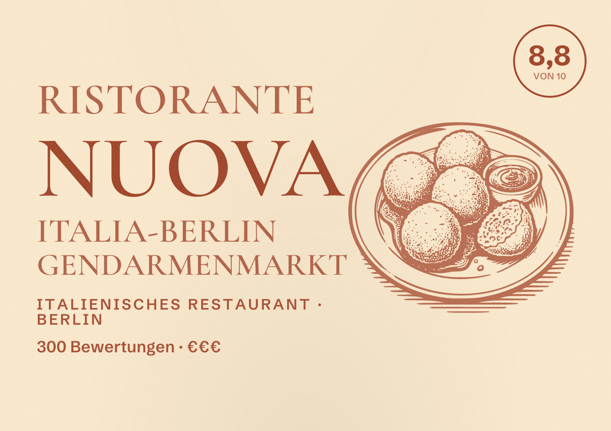 Illustriertes Poster von Ristorante Nuova Italia-Berlin Gendarmenmarkt, Italienisches Restaurant in Berlin: Bewertung 8,8 von 10 aus 300 Bewertungen, Preisniveau €€€
