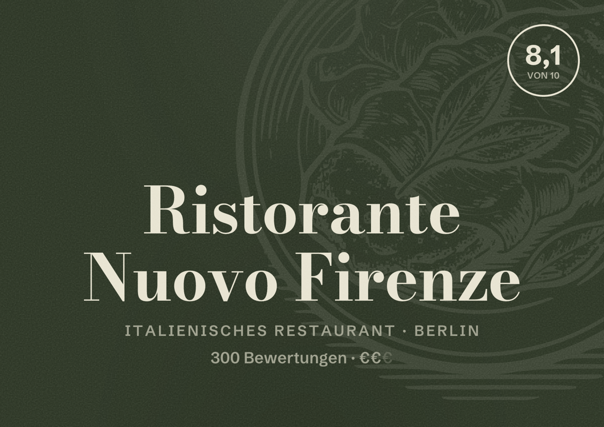 Illustriertes Poster von Ristorante Nuovo Firenze, Italienisches Restaurant in Berlin: Bewertung 8,1 von 10 aus 300 Bewertungen, Preisniveau €€