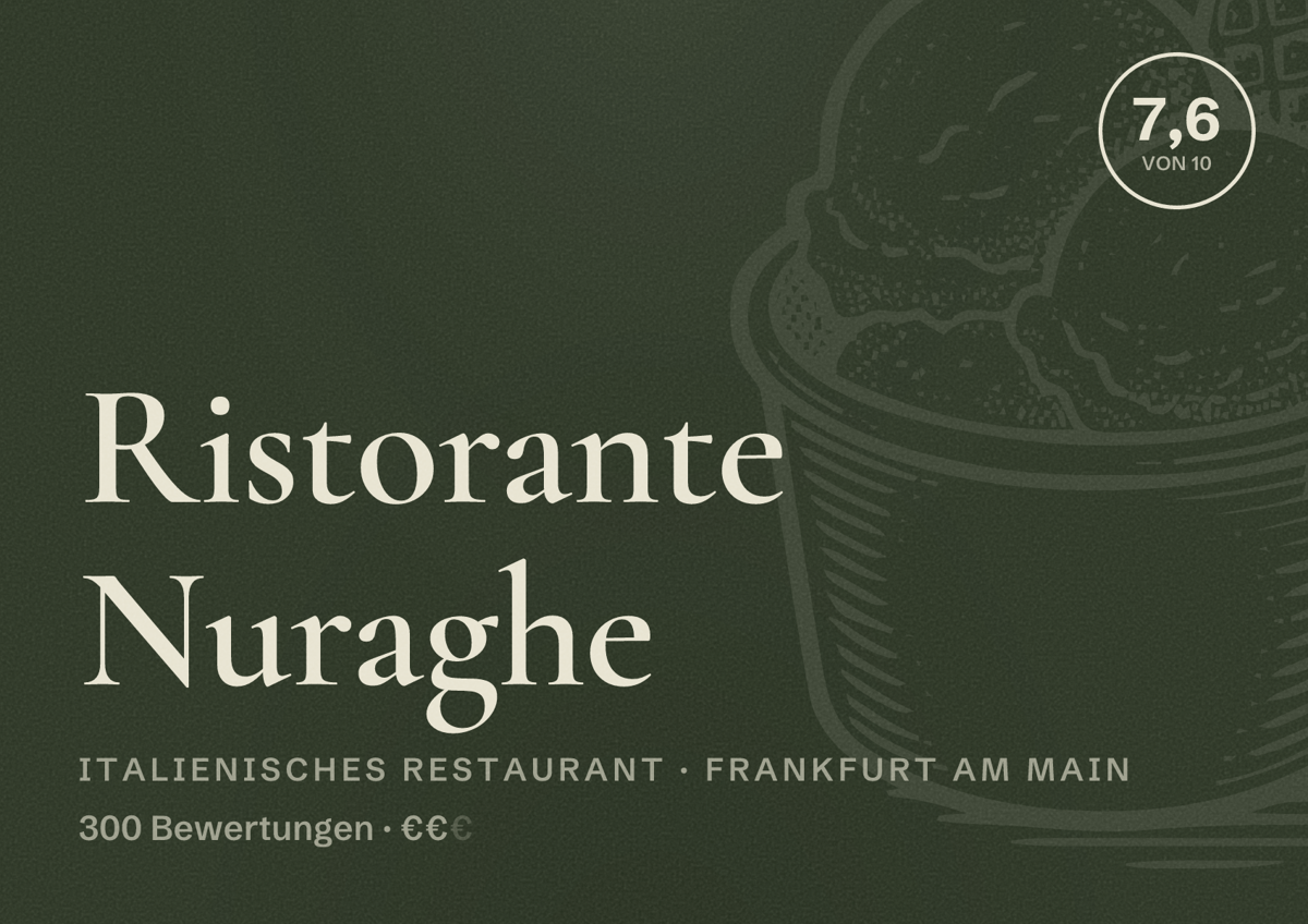Illustriertes Poster von Ristorante Nuraghe, Italienisches Restaurant in Frankfurt am Main: Bewertung 7,6 von 10 aus 300 Bewertungen, Preisniveau €€