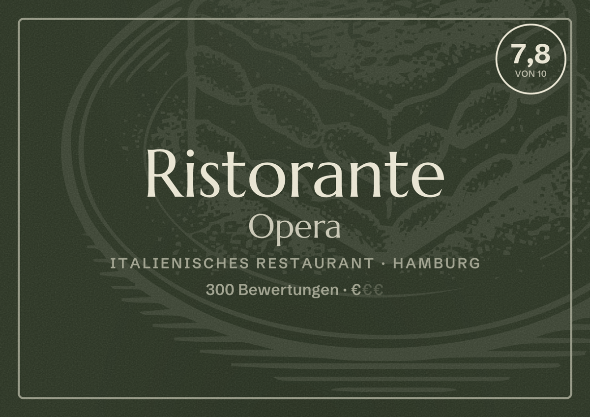 Illustriertes Poster von Ristorante Opera, Italienisches Restaurant in Hamburg: Bewertung 7,8 von 10 aus 300 Bewertungen, Preisniveau €