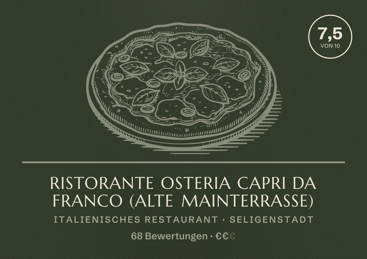 Illustriertes Poster von Ristorante Osteria Capri da Franco (alte Mainterrasse), Italienisches Restaurant in Seligenstadt: Bewertung 7,5 von 10 aus 68 Bewertungen, Preisniveau €€