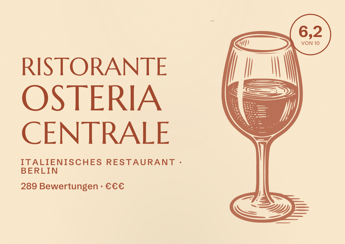 Illustriertes Poster von Ristorante Osteria Centrale, Italienisches Restaurant in Berlin: Bewertung 6,2 von 10 aus 289 Bewertungen, Preisniveau €€€