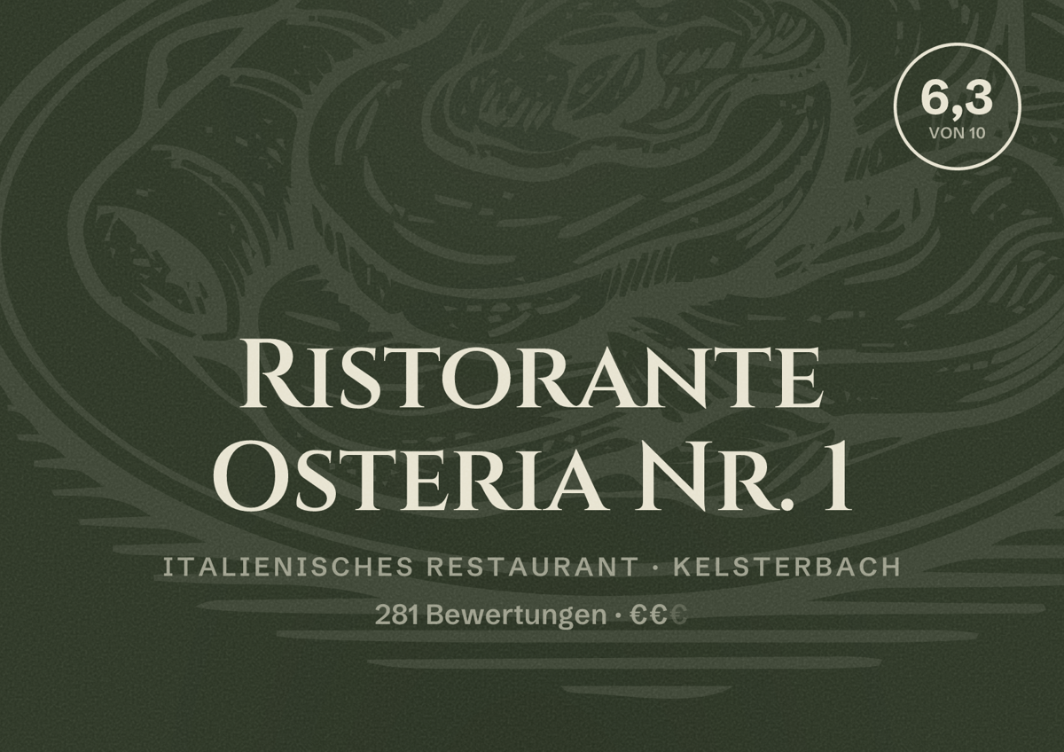 Illustriertes Poster von Ristorante Osteria Nr. 1, Italienisches Restaurant in Kelsterbach: Bewertung 6,3 von 10 aus 281 Bewertungen, Preisniveau €€