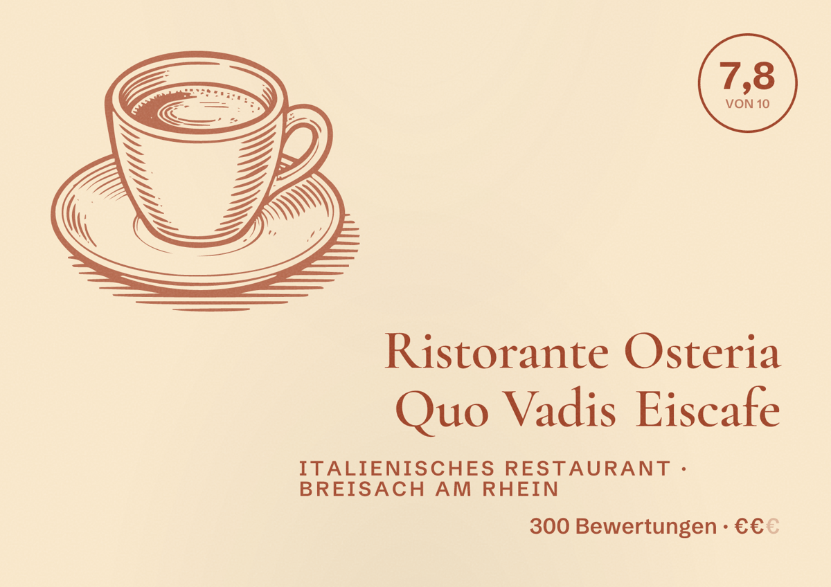 Illustriertes Poster von Ristorante Osteria Quo Vadis Eiscafe, Italienisches Restaurant in Breisach am Rhein: Bewertung 7,8 von 10 aus 300 Bewertungen, Preisniveau €€