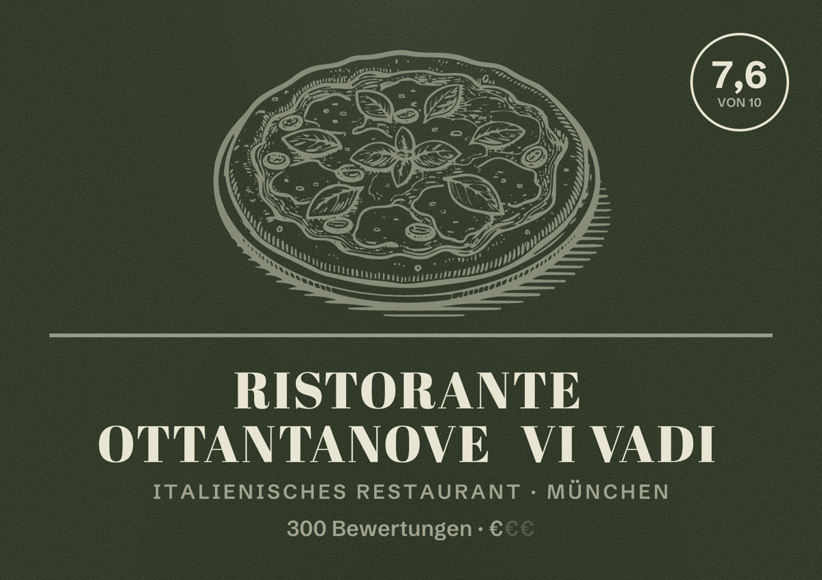Illustriertes Poster von Ristorante OTTANTANOVE vi vadi, Italienisches Restaurant in München: Bewertung 7,6 von 10 aus 300 Bewertungen, Preisniveau €