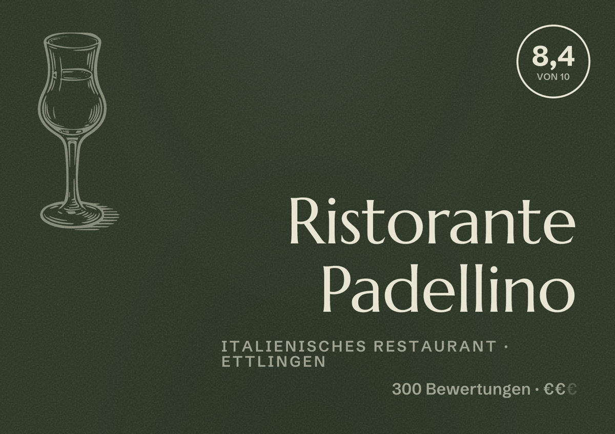 Illustriertes Poster von Ristorante Padellino, Italienisches Restaurant in Ettlingen: Bewertung 8,4 von 10 aus 300 Bewertungen, Preisniveau €€