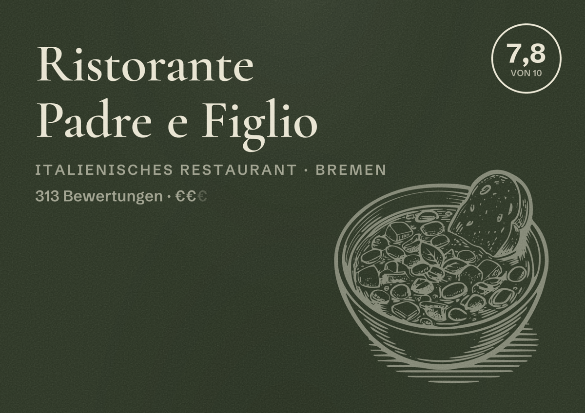 Illustriertes Poster von Ristorante Padre e Figlio, Italienisches Restaurant in Bremen: Bewertung 7,8 von 10 aus 313 Bewertungen, Preisniveau €€