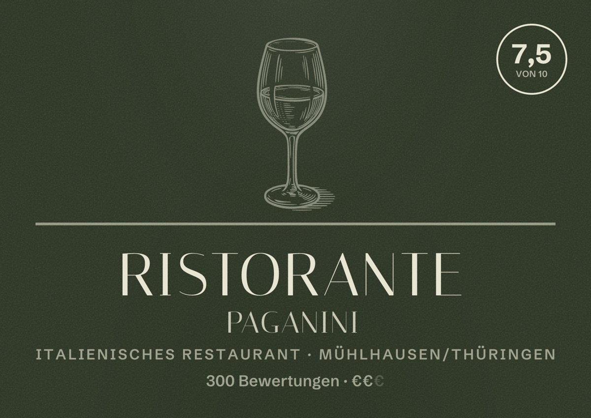 Illustriertes Poster von Ristorante Paganini, Italienisches Restaurant in Mühlhausen/Thüringen: Bewertung 7,5 von 10 aus 300 Bewertungen, Preisniveau €€