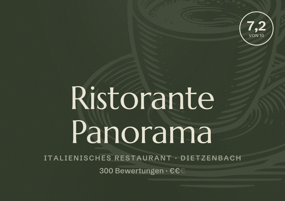 Illustriertes Poster von Ristorante Panorama, Italienisches Restaurant in Dietzenbach: Bewertung 7,2 von 10 aus 300 Bewertungen, Preisniveau €€