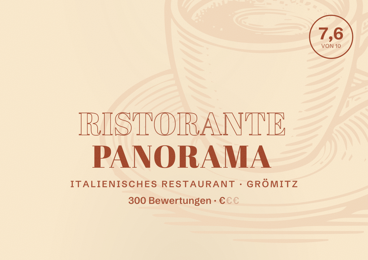 Illustriertes Poster von Ristorante Panorama, Italienisches Restaurant in Grömitz: Bewertung 7,6 von 10 aus 300 Bewertungen, Preisniveau €
