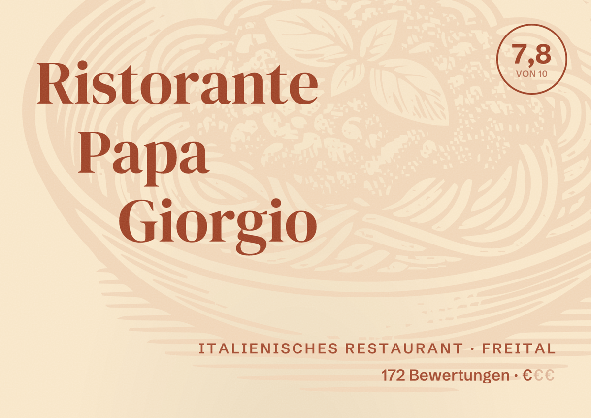 Illustriertes Poster von Ristorante Papa Giorgio, Italienisches Restaurant in Freital: Bewertung 7,8 von 10 aus 172 Bewertungen, Preisniveau €
