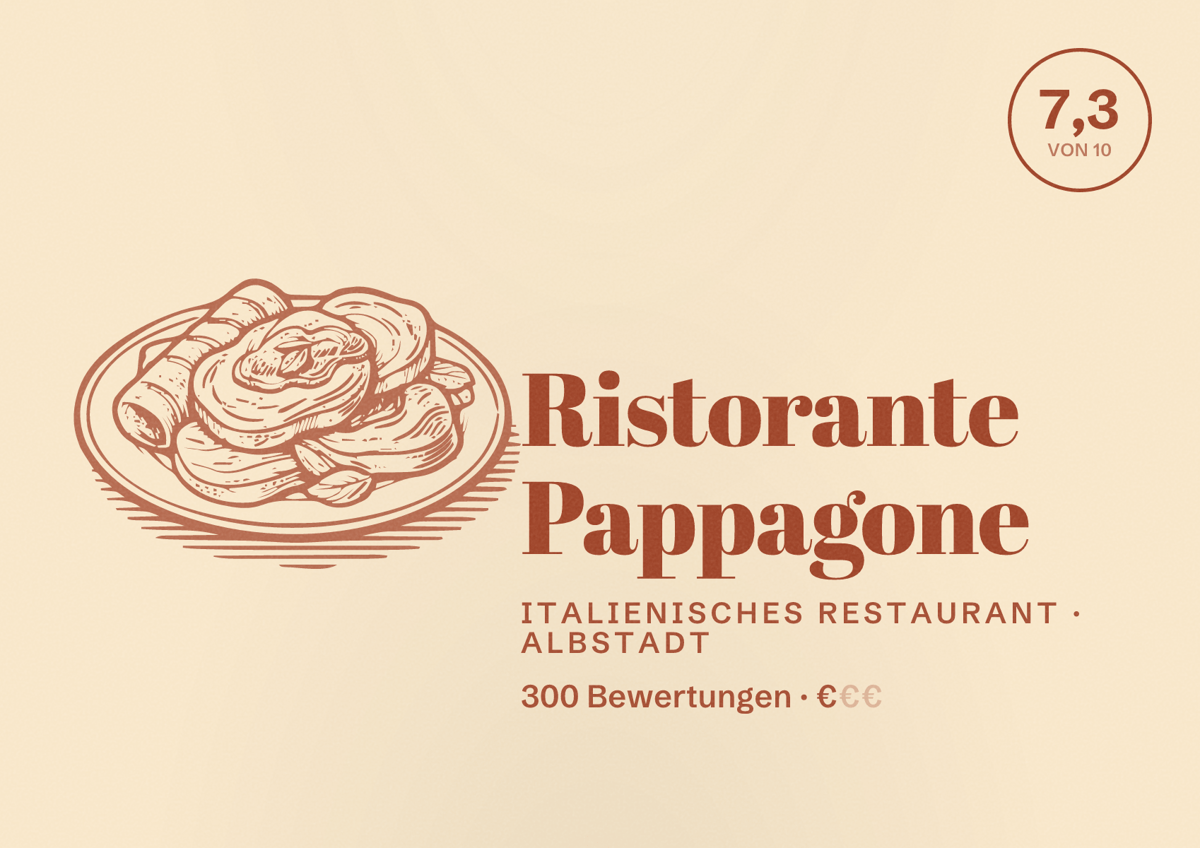 Illustriertes Poster von Ristorante Pappagone, Italienisches Restaurant in Albstadt: Bewertung 7,3 von 10 aus 300 Bewertungen, Preisniveau €